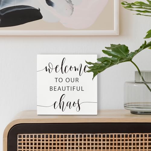 Modern Farmhouse Shelf Decor, Welcome to Our Beautiful Chaos White Wooden Box Sign for Tabletop Entryway Living Room Accen...