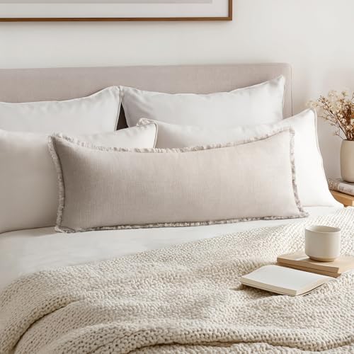 MIULEE Decorative Throw Pillow Covers Neutral Linen Fringe Throw Pillows Set of 1 Natural Beige Boho Farmhouse Cushion Cov...