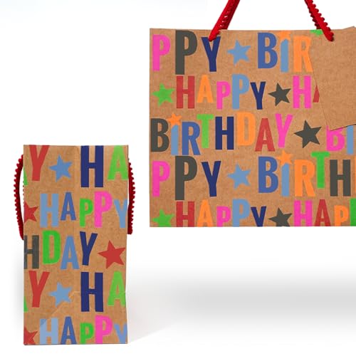 LaRibbons 13" Large Kraft Birthday Gift Bag with Tissue Paper and Greeting Card, Colorful Text Happy Birthday and Stars De...