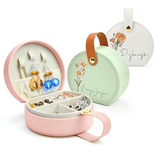Personalized Leather Travel Jewelry Box with Name and Birth Flower for Women Gifts Custom Small Travel Jewelry Organizer C...