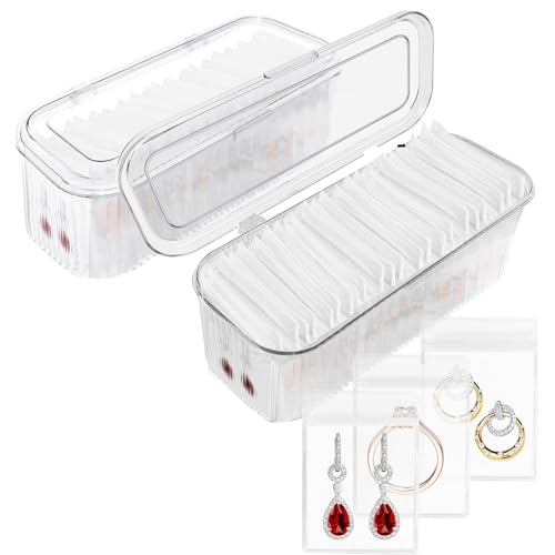 Wensdr 2 Packs Acrylic Jewelry Box with 100pcs PVC Portable Anti Oxidizing Zipper Bags Flip Lid Jewelry Organizer for Earr...