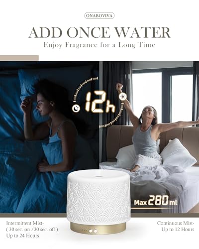 Ceramic Essential Oil Diffuser, 280ml 2.4MHz Ultrasonic Cool Mist Aromatherapy Diffuser with 12H/24H Runtime,Auto Shut-Of...