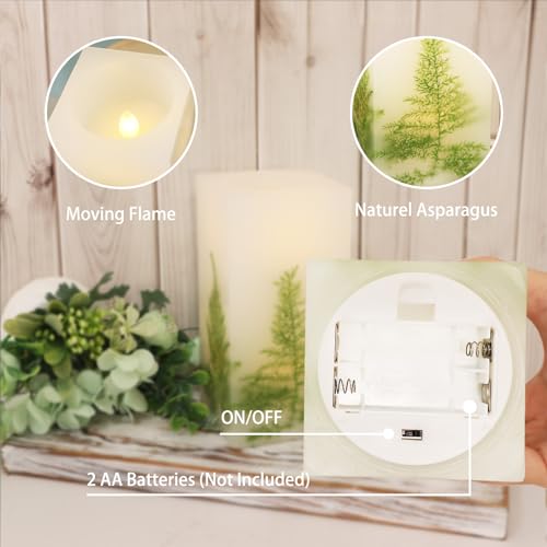 Holitown LED Flickering Flameless Real Wax Ivory Square Pillar Candle Artificial Asparagus Fern Battery Operated with Time...