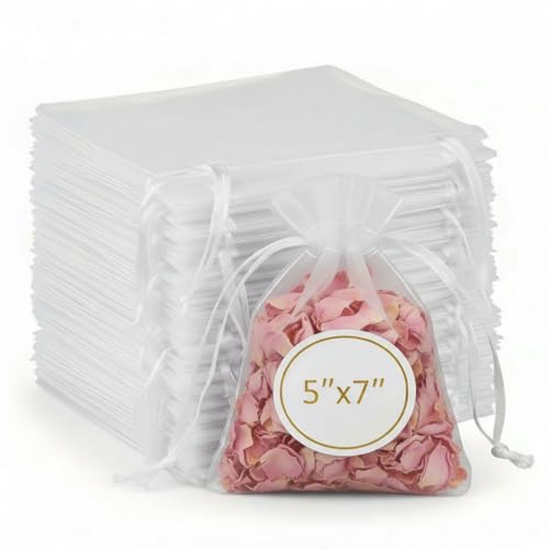 Sukh 100pcs Organza Bags 5''x7'' - White Sheer Mesh Drawstring Bags for Jewelry, Soap, Fruits, Candy, Small Gift Bags for ...