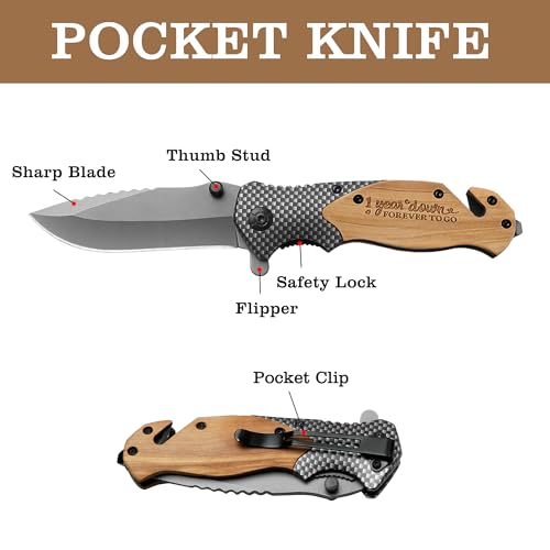 IUZOE First Anniversary Keepsake Idea for Him – Personalized Engraved Pocket Knife with Wooden Gift Box – 1 Year Wedding G...
