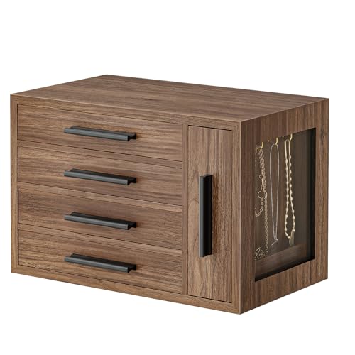 HOOBRO Jewelry Box for Women, Wooden Jewelry Organizer with Transparent Window, 4-Layer Jewelry Organizer Box, Jewelry Hol...