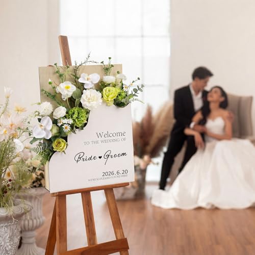 RattanView Wooden Wedding Welcome Sign with Flower Box 24 x 18 Inches Custom Name & Date Welcome to Our Wedding Outdoor Si...