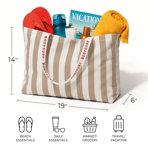 Bodysurf Canvas Tote Bag, Striped Heavy-Duty Beach & Pool Tote for Women with Zippered Pocket, Lightweight Boat Bag Carrya...
