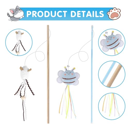 NOWFRESH Cat Wand Toy Set, 2 PCS Interactive Cat Teaser Wands with Cute Bee & Mouse Designs, Equipped with Bells and Strea...