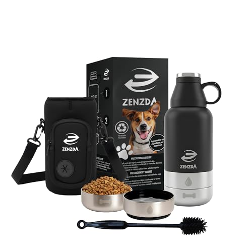ZENZDA 3-in-1 Dog Water Bottle – Insulated Stainless Steel Travel Bottle with Food Bowl, Leakproof, Carrying Bag & Brush