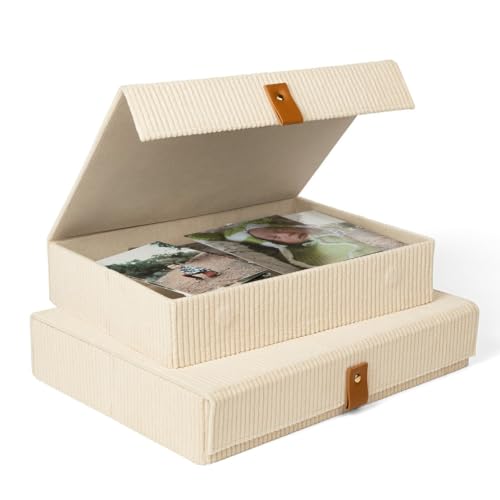 cherish & dwell Pretty Corduroy Decorative Storage Boxes with Lids (Set of 2) – Keepsake Boxes for Photos, Memory Boxes fo...