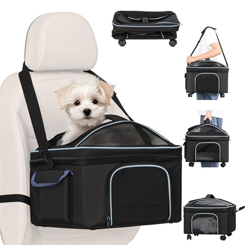 4-in-1 Cat Car Seat and Cat Carrier with Removable Wheels Booster Car Seats for Small Dogs Cats Comes with Shoulder Strap ...
