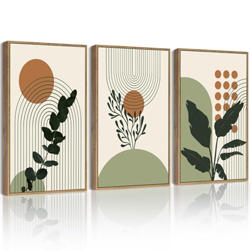 PHOPAGO Boho Plant Wall Art Green Botanical Bohemain Framed Wall Printing 11x14in Abstract Canvas Prints with Leaf & Sun L...