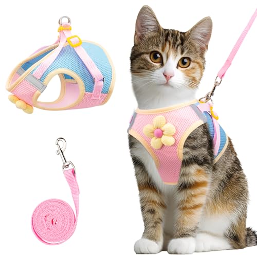 Cat Harness and Leash Set Escape Proof, Adjustable Cat Vest Harnesses Soft Kitten Harness Reflective Strips Jacket with Fl...