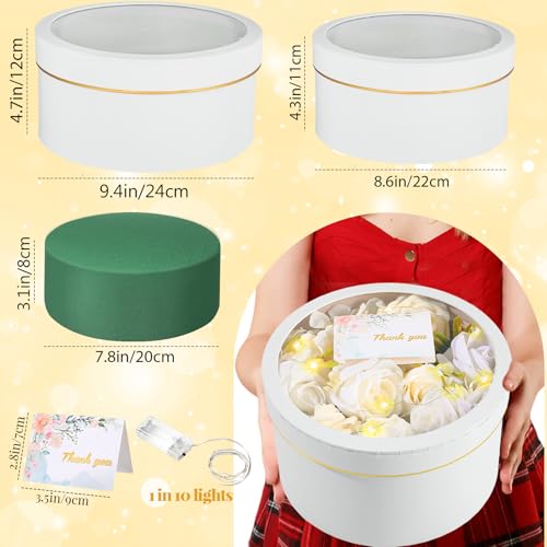 Nuenen 2 Pcs Round Gift Boxes with Lids Floral Foam LED Light Thank You Floral Greeting Cards Flower Arrangements Supplies...