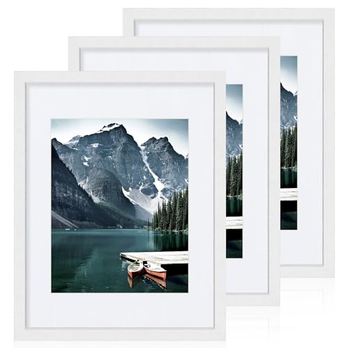 Hongkee 11x14 Picture Frames set of 3, Made of Glass and White Wooden Photo frame - Displays 8x10 Picture with Mat or 11 x...