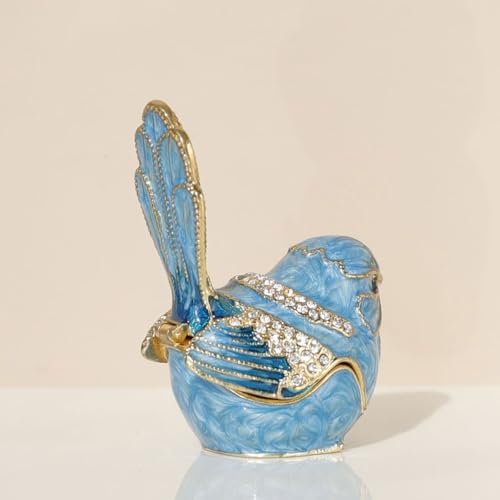 Exquisite Hand - Painted Enamel Blue Bird Trinket Box Hinged Rhinestone - Adorned Mini Jewelry Organizer for Rings & Neckl...