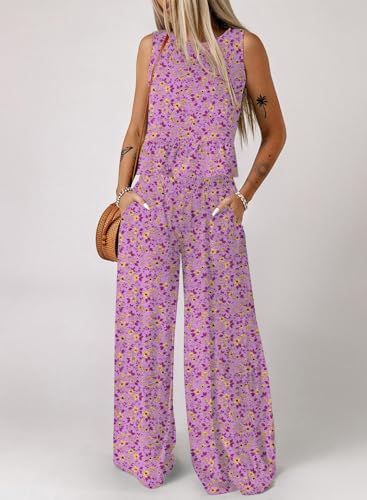 Dokotoo Pants Sets Women 2 Piece Outfits Sleeveless Round Neck Tank Tops Matching Sets for Women Elastic Waist Wide Leg