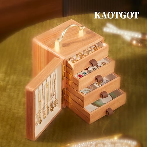 KAOTGOT Wooden Jewelry Box for Women Walnut Wooden Jewelry Box with handle 4-Tier Jewelry Organizer for Rings, Necklaces