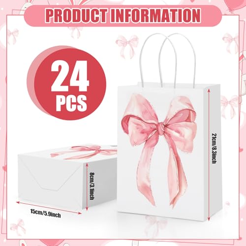 Draupnir 24PCS Coquette Pink Bow Paper Gift Bags, Party Favor Bags, Pink Goodie Bags for Birthday&Bachelorette Party Decor...