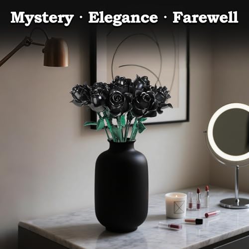 12 Black Roses Building Block Bouquet Set, 585 PCS Artificial Flowers– Symbol of Mystery, Elegance & Transformation – Goth...