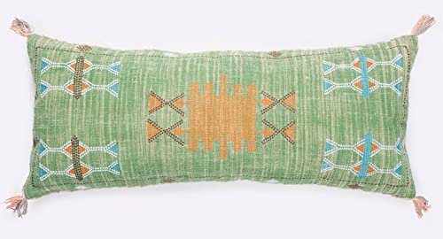 Extra Long Lumbar Pillow Cover (12 X 28 inches) | Hand-Woven Cactus Silk Green Pillow Linen Cover | Rustic Décor Bohemian ...