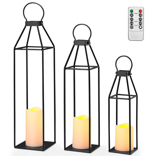 Perfnique Set of 3 Black Metal Lanterns w/ Waterproof Flickering Flameless Candle & Remote Timer, Modern Farmhouse Lantern...