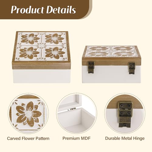 Synovana Floral Wooden Box - Decorative Wood Keepsake Boxes with Hinged Lid, Flower Engraved Design, 7.09" W