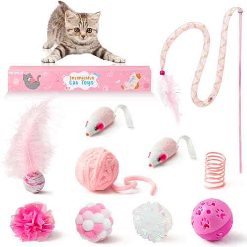 MALLMALL6 10Pcs Cat Toy Set Interactive Cat Toys Pack Including Feather Teaser Wand Cat Springs Mice Crinkle Balls and Pet...