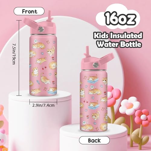 ROVOZAR Cat Water Bottle for Girls - 16oz Cat Stainless Steel Water Bottle with Straw - Cute Cats Insulated Cup - Pink Cat...