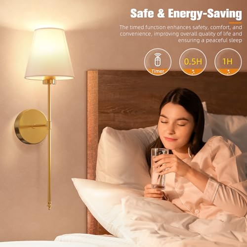 NIORSUN Battery Operated Wall Sconce Set of 2,Gold Rechargeable Wall Lights with 5200mAh Dimmable Bulbs and Remote,10 Colo...
