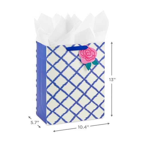 Hallmark 13" Large Gift Bag with Tissue Paper and Gift Tag (Pink Flower on Blue Plaid) for Valentine's Day, Mother's Day, ...