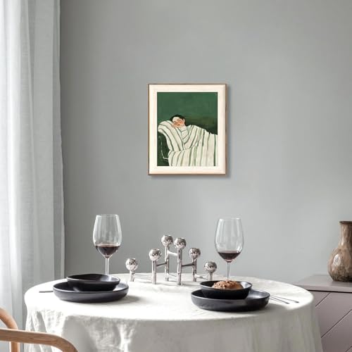 ASTRDECOR Minimalist Framed Wall Art - Cozy Woman Sleeping on Couch, Emerald Green & White Striped Blanket, Modern Aesthet...