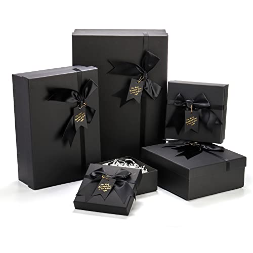 ZENFUN 5 Pack Black Nested Gift Boxes with Lid for Valentine's Presents, 5 Sizes Luxury Packaging Box with Ribbon Bows and...
