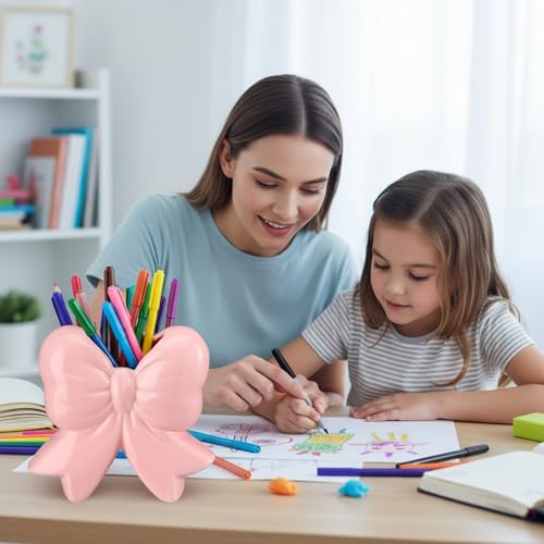 Jingmore Pink Bow Vase Coquette Ceramic Vase Pen Holder Makeup Brush Holder Contemporary Design Women Decorative Gift for ...