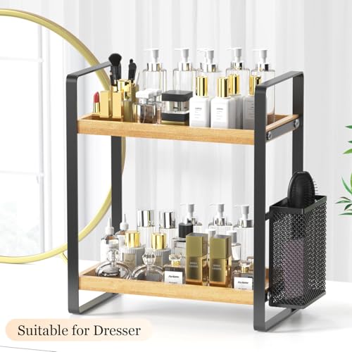 LEMIKKLE 2-Tier Wood Bathroom Counter Organizer with Basket,Waterproof Vanity Skincare Storage for Bathroom, Kitchen, Dresser