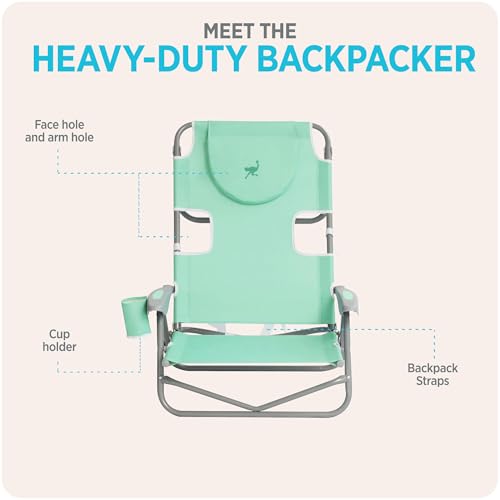 Ostrich the Heavy-Duty Backpacker, Portable Beach Chair with Face Hole, Adjustable Lounge Chair with Face Opening, Cup Hol...