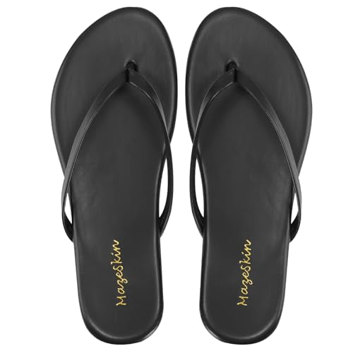 mazeskin Women's Memory Foam Comfortable Flat Thong Sandals Dressy Summer Beach Leather Slide Flip Flops
