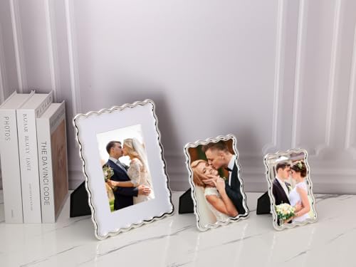 GorYeeFine 4x6'' Silver Heavy Duty Photo Frame,Wave Design High-End Zinc Alloy Picture Frames 6x4'',Fashionable Style fram...