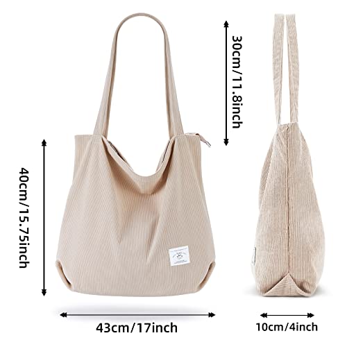 KALIDI Women Corduroy Tote Bag Zipper Casual Tote's Handbag Big Capacity Shoulder Bag with Pockets