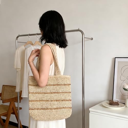 TOFUNTOY Straw Beach Bag for Women Summer Handmade Woven Shoulder Beach Tote Bag Large Capacity Tote Bag for Summer Vacation