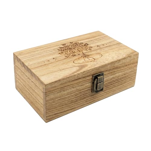 Trinket Box with Lock- Hand-Engraved Tree of Life Keepsake Box, 7.8" Vintage Wood Storage Box Jewelry Box for Crystals, Je...