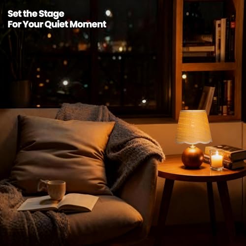 URLIGHTS 11.4" Modern Wooden Bedside Table Lamp, Small Nightstand Desk Lamp with Fabric Shade, Warm Ambient Light, Dimmabl...