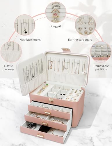 KAMIER Jewelry Organizer Box for Women - 4 Layer Drawer Jewellery Storage with Lock and Mirror - Jewelry Case for Necklace...