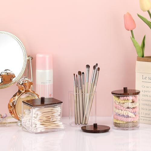 Hipiwe 3 Pack Acrylic Cotton Ball Holder Clear Qtip Holder Bathroom Canister Storage Box with Lid Apothecary Jars Makeup O...