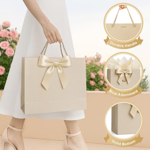 ANZNKU Gift Bags Medium with Handles with Ribbon Card and 2 Tissue Paper, 1 Pcs Cute Champagne Beige Paper Gift Wrap Bag f...