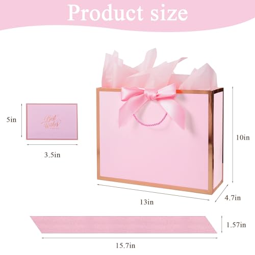 Plauthus Pink Gift Bag with Ribbon, 13" Large Gift Bag with Handle, Greeting Card & 2 Tissue Paper（Rose Gold Foil Frame） f...