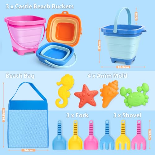 Dreamon Beach Toys for Kids 3-10, Collapsible Sand Castle Toys for Beach Include 3 Pack Foldable Buckets, Shovels Molds an...
