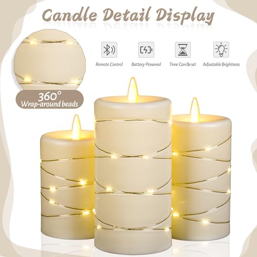 Da by 3 Pack Ivory Flameless Taper Candles, Realistic Flickering LED Candles with Surrounding Fairy String Lights, Heat Re...