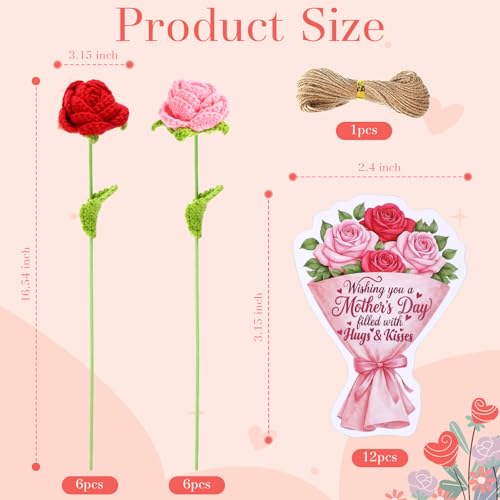 Rivvlive 12 Sets Mother Gift Crochet Flowers Bouquet Handmade Knitted Roses Red and Pink Artificial Rose with Greeting Car...